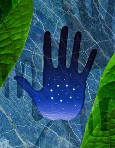 blue hand green leaf